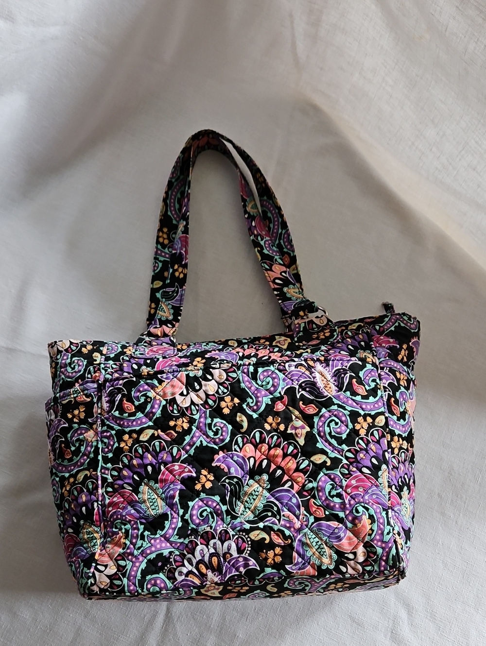 Quilted Floral Paisley Shoulder Tote Bag in Black and Purple/Multi